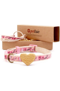 Pettsie Cat Collar with Heart, Safe Breakaway Buckle, Matching Friendship Bracelet, Soft and Comfortable Cotton for Sensitive Skin, Carton Box, Easy Adjustable 8-11 Inches, Pink