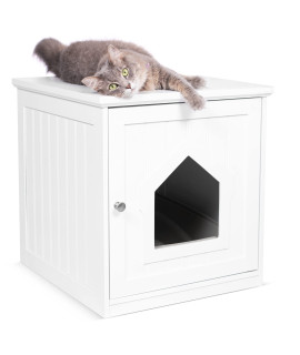 BIRDROCK Home Decorative Cat House & Side Table Cat Home Nightstand Indoor Pet Crate Litter Box Enclosure Hooded Hidden Pet Box Cats Furniture Cabinet Kitty Washroom White