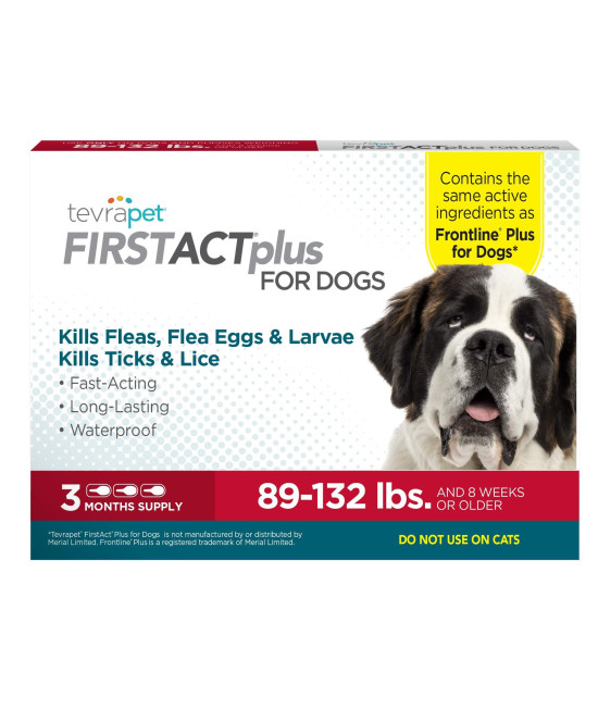 TevraPet FirstAct Plus Flea and Tick Prevention for X-Large Dogs 89+ lbs, 3 Monthly Doses, Topical Drops