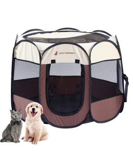 Foldable Portable Pet Playpen, Soft Pop up Pet Playpens for Puppy Dog Kitten cat, Lightweight Fabric Playpen with Breathable Mesh, Pet cage for Indoor and Outdoor Use (36 x 36 x 23 in, coffee)