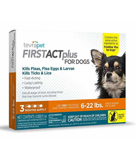 TevraPet FirstAct Plus Flea and Tick Prevention for Small Dogs 6-22 lbs, 3 Monthly Doses, Topical Drops