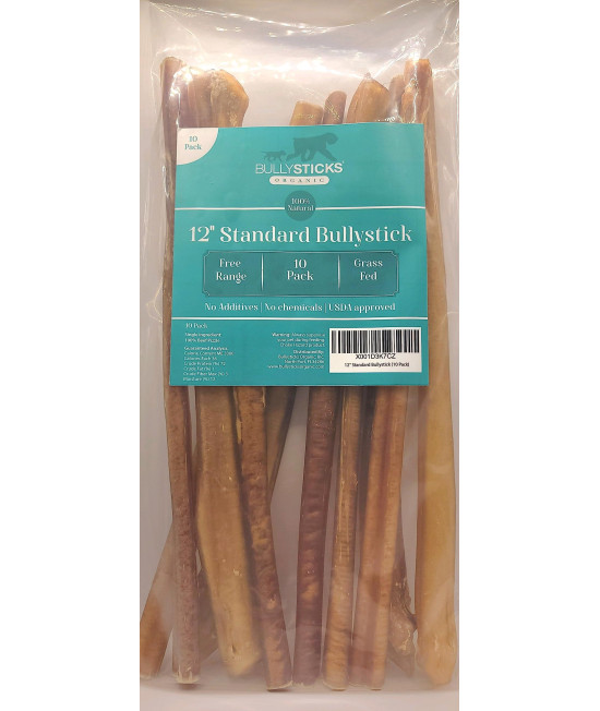 Bullysticks Organic Standard 12 Bully Sticks for Dogs - All Natural Dog Treat, These Chews are Free Range, Odorless Bully Sticks, USDA Approved (10 Pack)