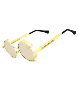 RONSOU Steampunk Style Round Vintage Polarized Sunglasses Retro Eyewear UV400 Protection Matel Frame golden Frame Pink Lens
