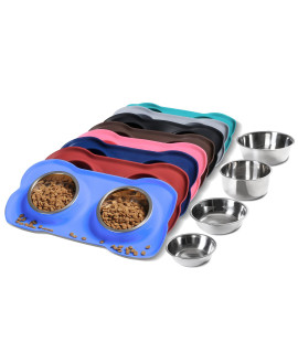 Hubulk Pet Dog Bowls 2 Stainless Steel Dog Bowl with No Spill Non-Skid Silicone Mat + Pet Food Scoop Water and Food Feeder Bowls for Feeding Small Medium Large Dogs Cats Puppies (M, Blue)