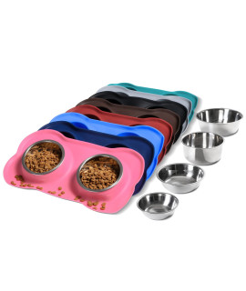 Hubulk Pet Dog Bowls 2 Stainless Steel Dog Bowl with No Spill Non-Skid Silicone Mat + Pet Food Scoop Water and Food Feeder Bowls for Feeding Small Medium Large Dogs Cats Puppies (M, Pink)