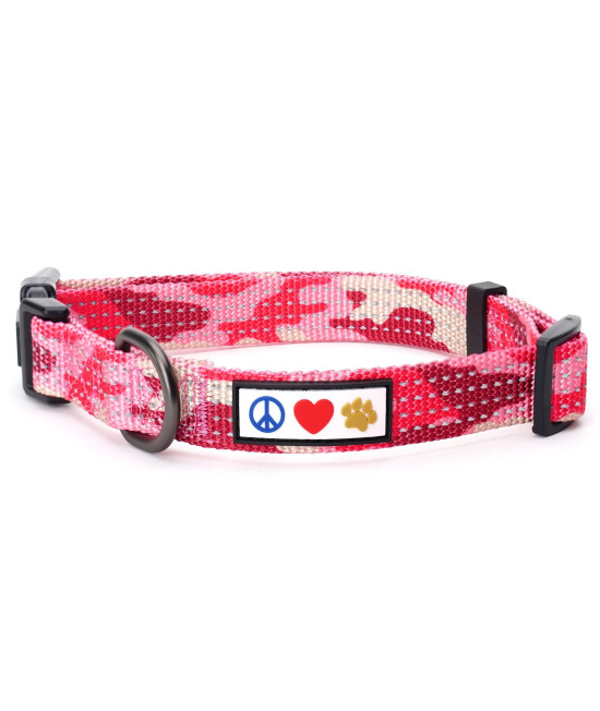 Pawtitas Reflective Dog Collar with Stitching Reflective Thread Reflective Dog Collar with Buckle Adjustable and Better Training Great Collar for Small Dogs - Pink Camo Collar