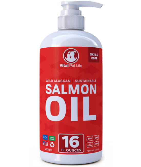 Salmon Oil for Dogs & Cats - Healthy Skin & Coat, Fish Oil, Omega 3 EPA DHA, Liquid Food Supplement for Pets, All Natural, Supports Joint & Bone Health, Natural Allergy & Inflammation Defense, 16 oz