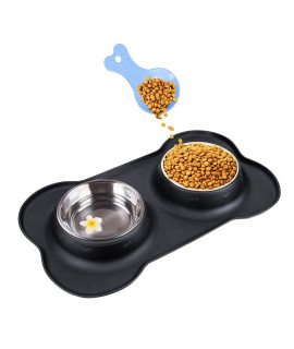 Alfaw Spider0828 Double Dog Bowls- Stainless Steel 350ml Each Puppy Water and Food Bowl with Non-Skid Anti-Overflow Silicon Tray Mat for Puppy Dogs, with Pet Food Shovel