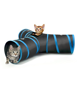Pawaboo Cat Toys, Cat Tunnel Tube 3-Way Tunnels 25x40cm Extensible Collapsible Cat Play Tent Interactive Toy Maze Cat House Bed with Balls and Bells for Cat Kitten Kitty Rabbit Small Animal, Blue