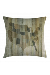 Ambesonne Rustic Map Throw Pillow cushion cover, USA America Map Silhouette Over Vertical Timber Wooden Textured Background Print, Decorative Square Accent Pillow case, 20 X 20, Brown