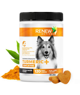 Renew Actives Dog Joint Pain Support Supplement Natural, Advanced Organic Turmeric Joint Supplement for Dogs - Canine Chewable Hip, Joint & Arthritis Formula for Mobility - 120 Soft Chews