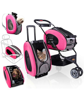 Ibiyaya Compact Multifunctional 5-in-1 EVA Convertible Foldable Small Pet Carrier/Stroller Combo System for Dog or Cat up to 16 Pounds, Pink