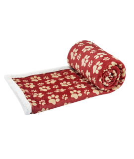 long rich 047393528896 Printed Dog paw Flannel Reverse to Sherpa Throw Blanket, Red, by Happycare Textiles