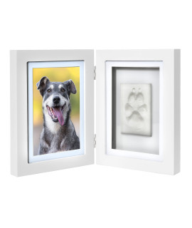 Better World Pets Paw Print + Photo Keepsake Frame Holds 4 x 6 inch or 5 x 7 Picture - Memorial Clay Imprint Kit - for Dogs and Cats - Perfect for Pet Lovers - Hinged for Desktop, White