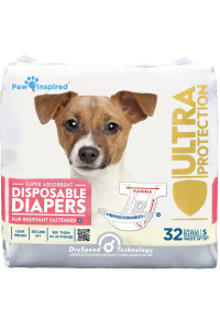 Paw Inspired 32ct Disposable Dog Diapers Female Dog Diapers Ultra Protection Diapers for Dogs in Heat, Excitable Urination, or Incontinence (Small)