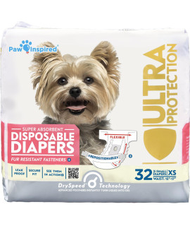 Paw Inspired 32ct Disposable Dog Diapers Female Dog Diapers Ultra Protection Diapers for Dogs in Heat, Excitable Urination, or Incontinence (X-Small)