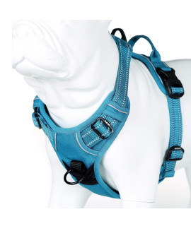 JUXZH Soft Front Dog Harness .Best Reflective no Pull Harness with Handle and 2 Leash Attachments Teal Blue