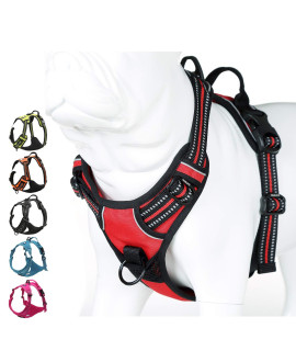 JUXZH Soft Front Dog Harness .Best Reflective No Pull Harness with Handle and 2 Leash Attachments Red