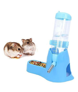 Newweic No-Drip Water Bottle/Feeder For Dwarf Hamsters, Gerbils And Other Small Pets, Critters - For Cages, Crates - 3 In 1 Free Standing Small Animal Water Bottle With Stand/Food Dish (125Ml,Blue)