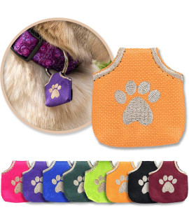 Woofhoof Dog Tag Silencer, Orange Pawprint - Quiet Noisy Pet Tags - Fits Up to Four Pet IDs - Dog Tag Cover Protects Metal Pet IDs, Made of Durable Nylon, Universal Fit, Machine Washable