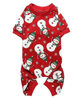 Cute Snowman Xmas Pet Clothes for Dog Pajamas Soft Christmas PJS, Medium Red Back Length 16