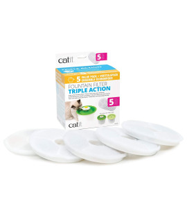 catit Triple Action Water Fountain Filters, Replacement cat Drinking Fountain Filters, 5 Pack