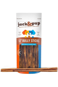 Jack&Pup Thick Bully Sticks 12 Inch Premium Dog Bully Sticks for Large Dogs Aggressive Chewers - All Natural Bully Sticks Odor Free 12 Large Bully Sticks, Long Lasting Dog Chews Bully Stick (5 Pack)