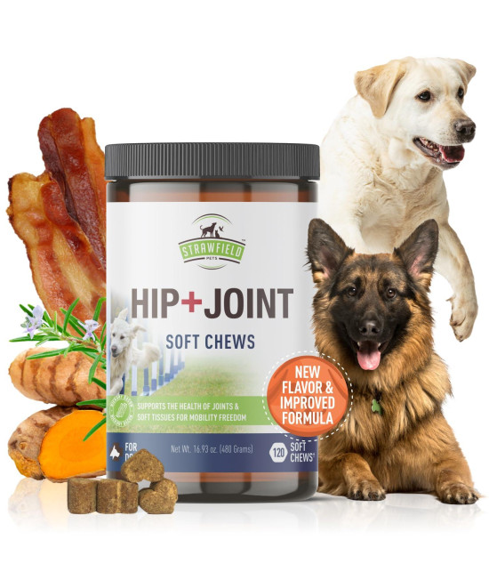 Strawfield Pets Hip + Joint Chews for Dogs Advanced Dog Joint Supplement with Glucosamine Tasty Healthy Mobility Treats Bacon Flavor 120 Count