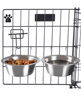 Set of 2 Stainless-Steel Dog Bowls - Cage, Kennel, and Crate Hanging Pet Bowls for Food and Water - 20oz Each and Dishwasher Safe by PETMAKER,Silver