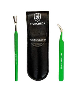 TickCheck Premium Tick Remover Kit - Stainless Steel Tick Remover + Tweezers, Leather Case, and Free Pocket Tick Identification Card (1 Set)