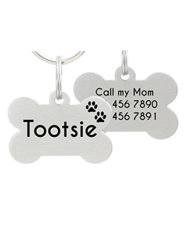 Double Sided Laser Etched Stainless Steel Pet ID Tag for Dog Engraved and Personalized Bone Shape (Paws)