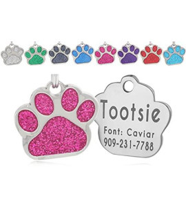 io tags Pet ID Tags, Personalized Dog and Cat Tags, Custom Engraved, Easy to Read, Cute Glitter Paw Tag (Pink)