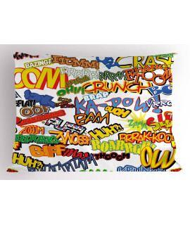 Ambesonne Superhero Pillow Sham, Retro comic Book Expressions Humor cartoon Scream crash Pow Vintage Design, Decorative Standard Queen Size Printed Pillowcase, 30 X 20, Red Yellow