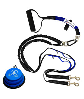 Pet Fit For Life Light Weight 64 Premium Dual Dog Leash with Comfortable Soft Grip Foam Rubber Handle and Integrated Shock Absorbing Bungee + Bonus Water Bowl for Medium Sized Dogs