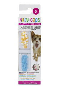 Kitty Caps Nail Caps for Cats Safe, Stylish & Humane Alternative to Declawing Stops Snags and Scratches, Small (6-8 lbs), White with Orange & Clear with Blue Glitter