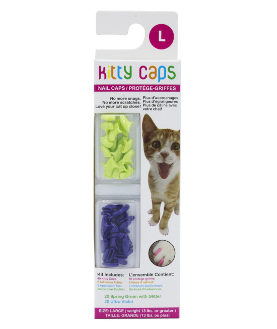 Kitty Caps Nail Caps for Cats Safe, Stylish & Humane Alternative to Declawing Stops Snags and Scratches, Large (13 lbs or greater), Spring Green with Glitter & Ultra Violet
