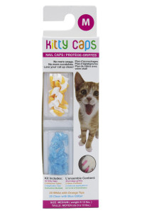 Kitty Caps Nail Caps for Cats Safe, Stylish & Humane Alternative to Declawing Stops Snags and Scratches, Medium (9-13 lbs), White with Orange & Clear with Blue Glitter