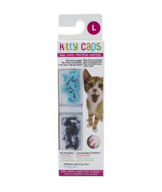 Kitty Caps Kitty Caps Nail Caps for Cats Safe & Stylish Alternative to Declawing Stops Snags and Scratches, Large (13 lbs or greater), Black with Gray Tips & Baby Blue (FF9325)
