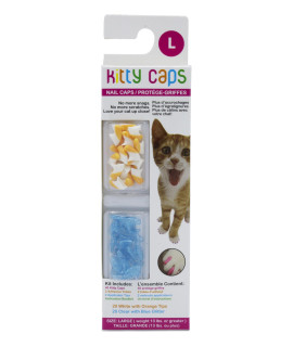 Kitty Caps Nail Caps for Cats Safe, Stylish & Humane Alternative to Declawing Stops Snags and Scratches, Large (13 lbs or greater), White with Orange & Clear with Blue Glitter, Model:FF9311