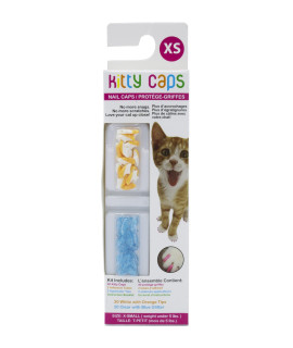 Kitty Caps Nail Caps for Cats Safe, Stylish & Humane Alternative to Declawing Stops Snags and Scratches, X-Small (Under 5 lbs), White with Orange & Clear with Blue Glitter, 40 Count