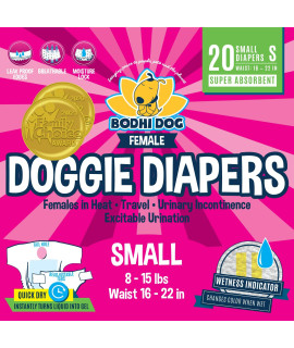 Bodhi Dog Disposable Female Dog Diapers Super Absorbent Leak-Proof Fit Premium Adjustable Dog Diapers with Moisture Control & Wetness Indicator 20 Count Small Size.