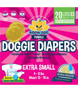 Bodhi Dog Disposable Female Dog Diapers Super Absorbent Leak-Proof Fit Premium Adjustable Dog Diapers with Moisture Control & Wetness Indicator 20 Count Extra Small Size.