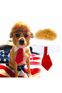 Trump Style Pet Costume Dog Wig, Dog Clothes with Collar & Tie Head Wear Apparel Toy for Halloween, Christmas, Parties, Festivals (Brown with Tie)