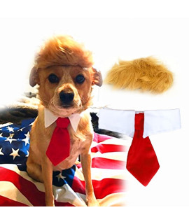 Trump Style Pet Costume Dog Wig, Dog Clothes with Collar & Tie Head Wear Apparel Toy for Halloween, Christmas, Parties, Festivals (Brown with Tie)