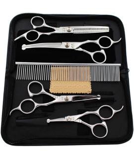 Dog Grooming Scissors Kit with Round Tip, Set of 5 Cat Dog Scissors, Stainless Steel Pet Grooming Shears, Straight, Curved, Thinning Shears, Comb for Full Body, Face, Nose, Ear & Paw