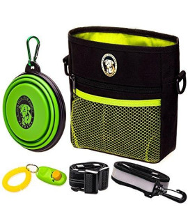 PERRAMA Dog Treat Bag, Training Pouch for Small and Large Dogs with Clicker and Collapsible Food Bowl BPA Free - Pet Treats Tote Bag with Waist and Shoulder Reflective Straps and Belt Clip (Black)