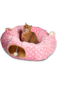 AUOON Cat Tunnel Bed with Central Mat,Big Tube Playground Toys,Soft Plush Material,Full Moon Shape for Kitten,Cat,Puppy,Dog,Rabbit,Ferret,Pink