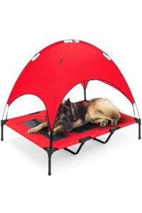 Best Choice Products 48in Elevated Cooling Dog Bed, Outdoor Raised Mesh Pet Cot w/Removable Canopy Shade Tent, Carrying Bag, Breathable Fabric - Red