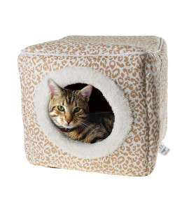 cat Pet Bed cave- Indoor Enclosed covered cavernHouse for cats Kittens and Small Pets with Removable cushion Pad by PETMAKER, TanWhite Animal Print