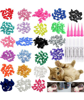 VICTHY 100pcs Cat Nail Caps, Cat Claw Caps Covers with Glue and Applicators Size Medium 5 Colors, 20 pcs/Color